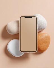Poster - Transparent smartphone protective case displayed with smooth textured stones on beige background for modern device durability and minimalist tech accessories marketing