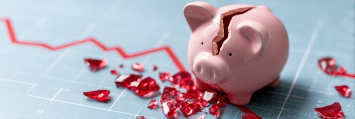 Aufkleber - Broken Piggy Bank and Declining Stock Market Graph Depict Financial Loss and Recession Impact on Savings and Investments for Personal Finance Reporting
