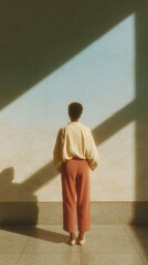 Poster - Contemporary Minimalist Portrait of a Woman in Earth Tones Standing in Sunlit Modern Space - Evoking Calm and Reflection in Lifestyle
