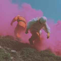 Poster - Emergency Firefighter Team Managing Forest Fire with Pink Smoke in Mountainous Terrain Showcasing Coordinated Disaster Response and Environmental Protection