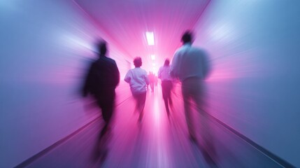 Poster - Dynamic Emergency Drill in Modern Corporate Hallway with Motion Blur Effect Showing Urgency and Teamwork for Workplace Safety Training