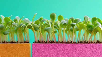 Aufkleber - Closeup of vibrant arugula microgreens sprouting in soil with colorful containers, promoting health, vitality, and sustainable food branding