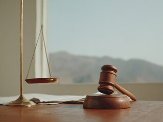 Aufkleber - Modern Civil Defense Justice Concept with Wooden Gavel and Brass Scales on Desk Against Natural Light for Ethical Legal Accountability