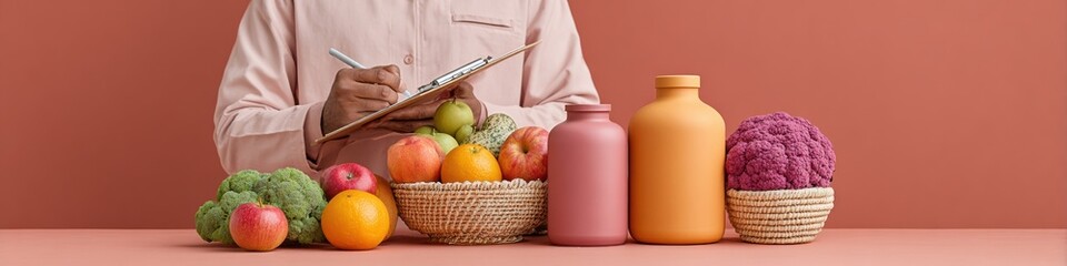 Aufkleber - Clinical Nutritionist Documenting Personalized Dietary Plans with Fresh Fruits and Vegetables on Desk - Modern Preventive Health and Wellness Concept