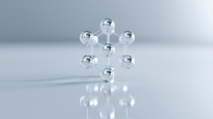 Poster - A 3D rendering displays a symmetrical molecular structure composed of connected shiny silver spheres, representing science, chemistry, and advanced technology.
