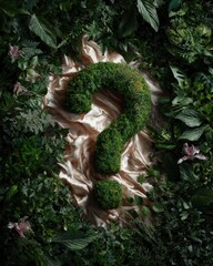 Poster - Eco-Friendly Question Mark Shaped Green Plants on Satin Fabric Surrounded by Natural Foliage for Environmental Education and Mindfulness Marketing