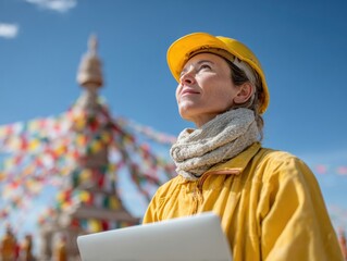 Aufkleber - Female Construction Foreman in Yellow Helmet Using Laptop at Cultural Site - Modern Female Leadership in Engineering and Project Management