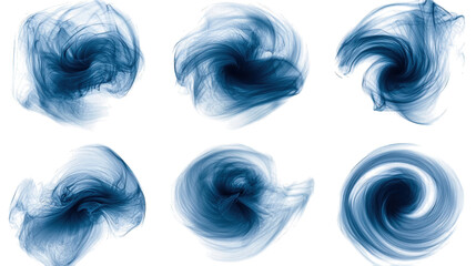 Poster - Six blue, abstract, swirling vortex shapes on black
