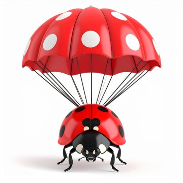 Red Ladybug with White Polka Dot Parachute on White Background