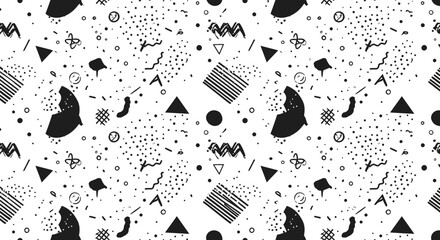 Poster - Black and White Memphis Style Seamless Pattern, Retro 80s-90s Geometric Pop Art