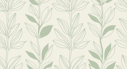 Poster - Elegant botanical repeat pattern with simple line art style in light green tones