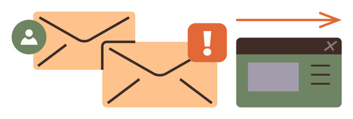Poster - Envelopes with user icon and alert indicator, an arrow pointing to a webpage. Ideal for communication, email marketing, notifications, alerts, user interaction, web navigation, simple flat metaphor