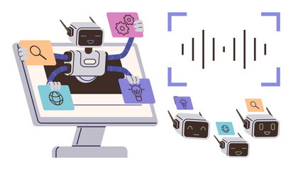  - AI robot with multiple arms holding icons for search, networking, settings, ideas, and speech recognition. Ideal for AI, automation, technology, robotics innovation digital tools and future