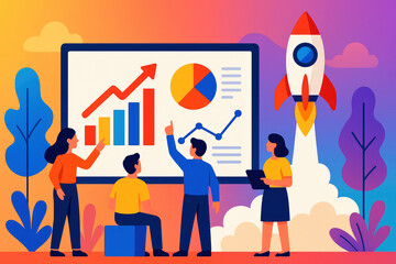 Poster - Business Team Analyzing Growth Charts with Rocket Launch Background meeting