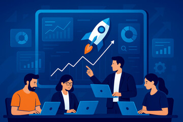 Poster - Business Team Meeting Growth Strategy Presentation Rocket Launch Upward Trending Graph Data Analytics Laptop Computers Dark Blue Background