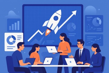 Poster - Business Team Meeting Growth Strategy Rocket Launch Presentation Data Charts Laptops Blue Background