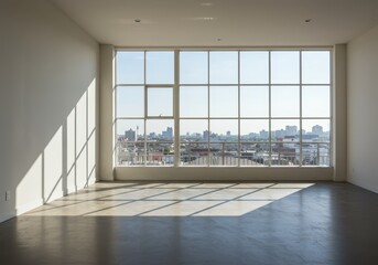 Poster - A large window in an empty room shows a city view