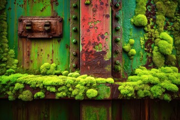 Poster - A green rusty metal door with green moss growing on it