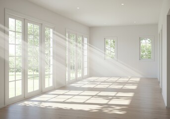 Poster - Sunlight streams through large windows into a bright empty room with white walls and light wood floors