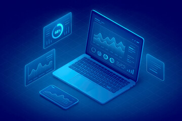 Poster - Isometric View of Laptop Smartphone and Data Charts Showing Business Analytics Progress