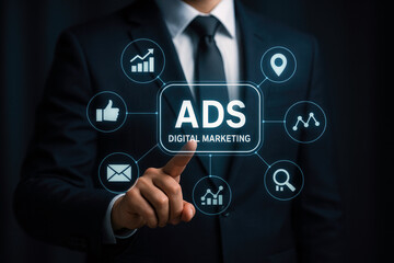 Poster - Man in dark suit interacts with digital Ads Digital Marketing interface showing graphs location icons email thumbs up and magnifying glass