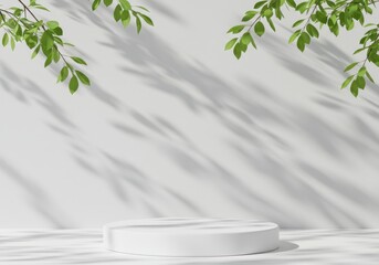 Poster - White minimalist podium with green leaves shadows isolated on white background