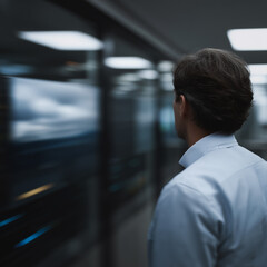 Poster - Data Center Inspection: A pensive IT professional walks through a modern data center, overseeing rows of high-tech servers. The image evokes a sense of technological prowess and responsibility. 