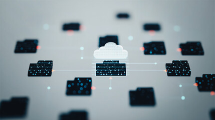 Poster - Cloud Data Connection:  A visualization of the cloud data connection depicts how digital information stored and organized in a digital network.