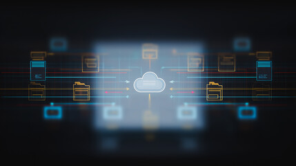 Poster - Cloud Network Connectivity: An illustrative image of interconnected cloud technology, illustrating a central cloud server interacting with multiple data servers, showcasing digital networking.