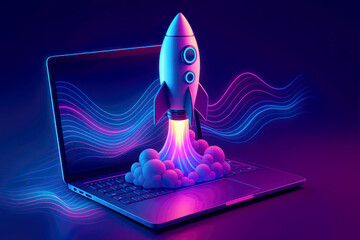 Neon Pink Blue Rocket Launching from Laptop Screen Startup Concept computer technology