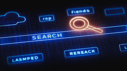 Poster - Digital Search Interface: Neon glow illuminates a digital search bar interface, featuring a magnifying glass icon, suggesting exploration and discovery in the digital realm.