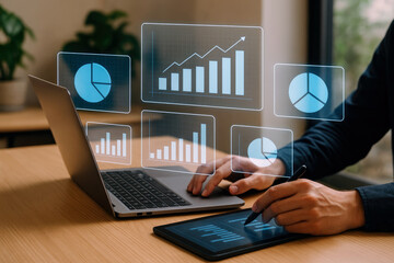 Poster - Person using laptop and tablet displaying digital charts graphs and data analytics light blue color scheme