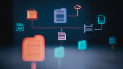 Poster - Dataflow Visualization: A captivating image of data seamlessly connecting through the cloud, represented by a network of glowing file icons on a dark background.