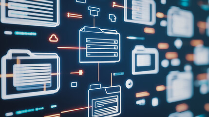 Poster - Digital Network Connection: Abstract data files and folder connections over a modern display with a glowing digital network showcasing technology.