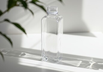 Poster - A clear empty plastic bottle stands on a white surface, isolated on white background