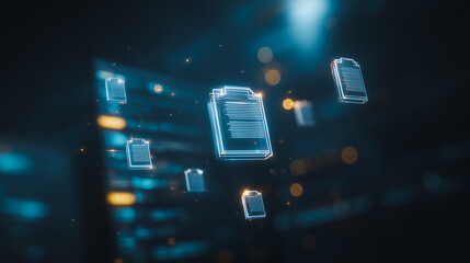 Fototapete - Digital Archive: Glowing digital document icons hover against a futuristic, low-angle backdrop, creating a sense of technological innovation. The image encapsulates digital storage, cloud computing.