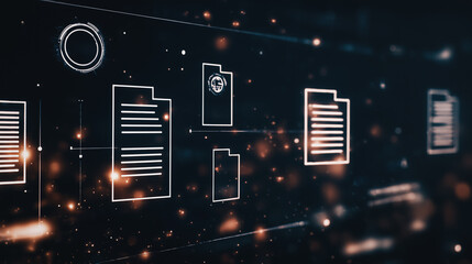 Poster - Data Flow Visualization: An ethereal view of interconnected data points, symbolized by documents, forms a dynamic representation of digital information flow.