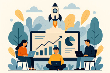 Poster - Three People Working on Laptops with Growth Chart and Rocket Launch on Screen business