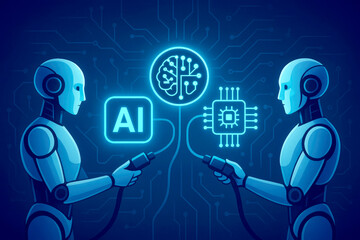 Poster - Two Blue Robots Connecting AI Brain and Microchip Circuit Board Technology Illustration