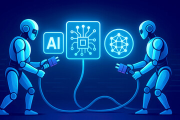 Poster - Two Blue Robots Connecting AI Circuit Board Neural Network Data Cables artificial intelligence
