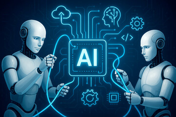 Poster - Two White Humanoid Robots Connecting Blue AI Circuitry Network Digital Illustration