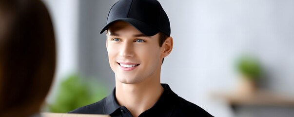 Poster - Editorial style image of a courier delivering medications, branded delivery box, suburban neighborhood setting, happy customer receiving the package