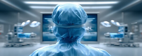 Poster - Documentary style photograph of a healthcare professional conducting an online consultation, medical equipment in the background, patient on a screen