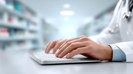 Poster - Documentary style photograph of a pharmacist preparing an online prescription order, shelves filled with medications in the background, computer screen displaying an order form