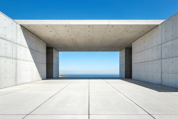Poster - Brutalist Concrete Pavilion Facing Water Representing Minimal Urban Architecture and Horizon Design