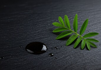 Poster - Water drop with green leaf resting on a dark stone surface
