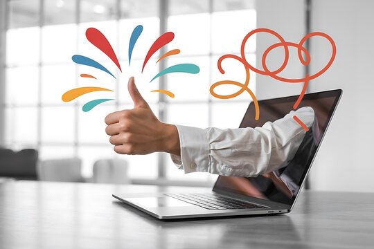 Hand giving thumbs up emerging from laptop screen with colorful celebratory graphics