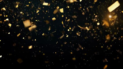 Poster - Gold confetti falling in a loop on a black background with glittering festive particles