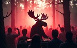 Moose DJ entertaining a lively crowd in a forest rave setting. Lighting, dramatic fog, and pulsating energy. Unique fusion of nature and electronic music culture. Image made using Generative AI.