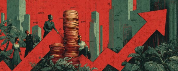 Poster - Illustration of financial progress with rising arrow and stacked coins